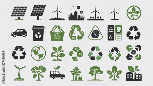 Diverse set of environmental and ecofriendly icons featuring solar panels, wind turbines, recycling symbols, electric car, and green city