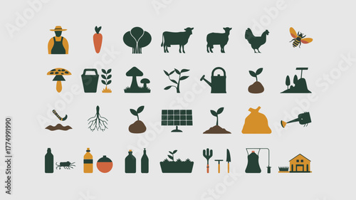 A collection of farming and agriculture icons including a farmer, plants, animals, tools, and solar panels, representing organic and sustainable practices