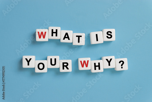 What is Your Why? by alphabets dice on blue background, existence of personal life, motivation concept