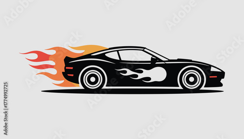 Black sports car with orange and red flames on side and exhaust automobile vehicle isolated white background.