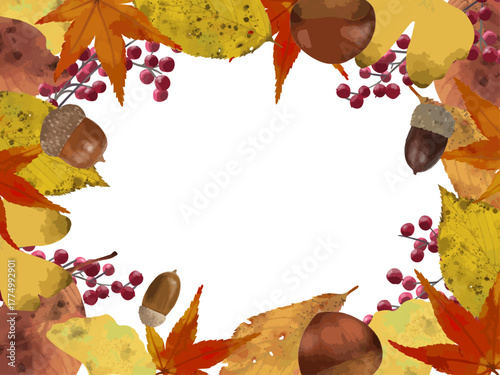 秋の落ち葉や木の実のフレーム