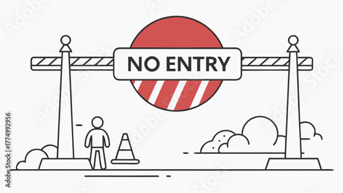 A line art illustration depicting a "NO ENTRY" barrier with a person and a traffic cone, symbolizing restriction.