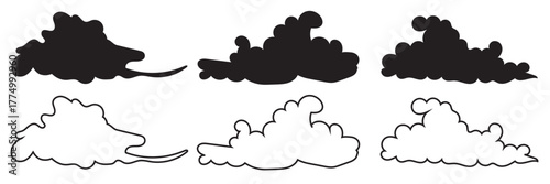  Chinese clouds icon. Set of elegant golden cloud silhouettes and outlines on white background, ideal for luxury design, weather icons, or digital art.
