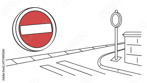 A line drawing illustration of a street corner with a prominent "Do Not Enter" sign, a crosswalk, and a sidewalk.