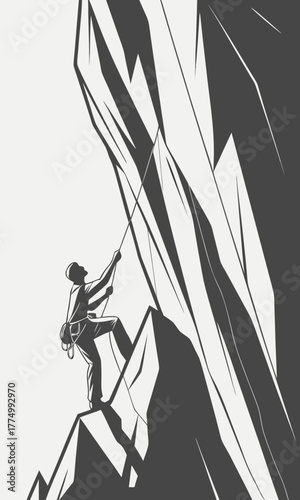 A person rock climbing a steep mountain face with rope and gear in a stylized illustration.