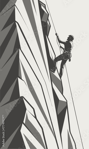 A graphic illustration of a lone rock climber ascending a jagged mountain peak, showcasing determination and adventure.