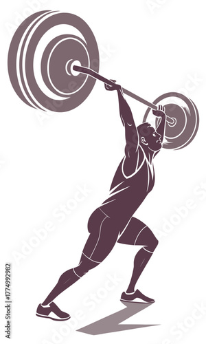 A stylized graphic illustration of a male weightlifter successfully lifting a heavy barbell overhead in a dynamic pose.