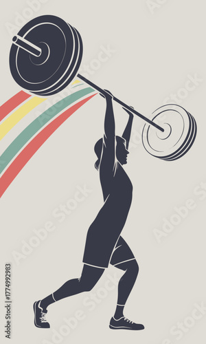 A graphic illustration of a weightlifter with a barbell overhead and colorful streaks in the background.