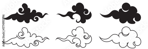  Chinese clouds icon. Set of elegant black cloud silhouettes and outlines on white background, ideal for luxury design, weather icons, or digital art.
