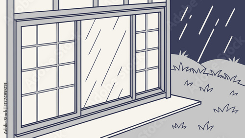 An illustration of a large window or sliding glass door on a rainy night, with grass and a dark sky outside.
