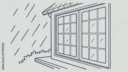 Illustration of heavy rain falling outside a house window with a gutter and bushes.