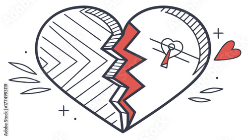 Hand-drawn broken heart with jagged red crack and keyhole design.
