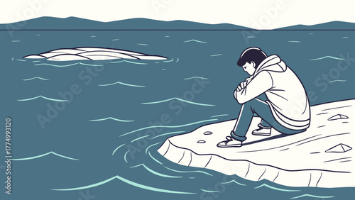 A young man sits alone on an ice floe, gazing pensively at the vast, cold ocean with distant icebergs.