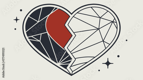 Stylized broken heart illustration with geometric shattered patterns and a contrasting red and dark blue design, symbolizing love and loss.