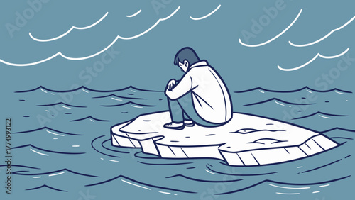 A solitary person sits on a small, melting iceberg in a vast, wavy ocean, depicting feelings of loneliness, isolation, and despair.