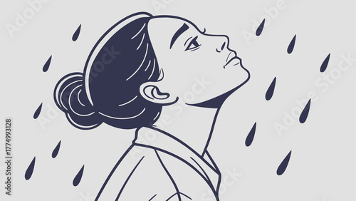 Black and white illustration of a woman looking up at falling raindrops with a thoughtful expression.