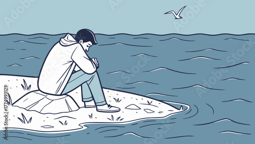 A man sits alone by the water's edge, looking down in a moment of quiet contemplation or sadness, with a seagull flying overhead.