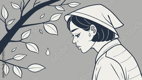 A somber black and white illustration of a woman with a headscarf, a tear on her cheek, looking down under a tree branch with falling raindrops.