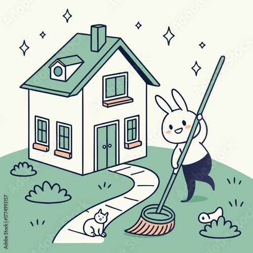 A cheerful cartoon bunny sweeping the path in front of a clean, sparkling house with a cat nearby.