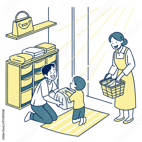 A family, including a father, mother, and child, happily doing laundry and household chores together in a sunlit room.