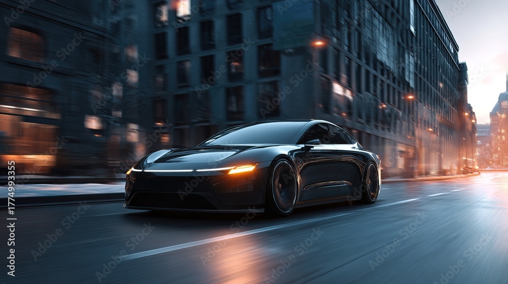 Fototapeta premium Dynamic Electric Car in Motion Urban Cityscape Photography Evening Light Low Angle Futuristic Transportation Concept