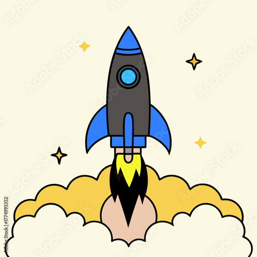 Silhouette of a colourful rocket launching with smoke trail, ideal for space-themed art, designs, or creative projects vector.