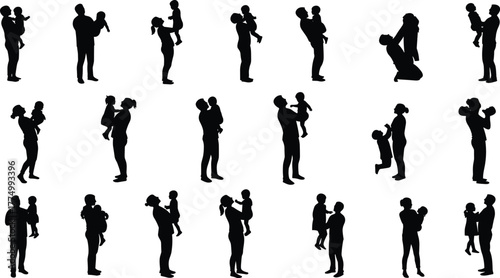 Adult and child silhouettes interacting, parents holding, lifting, playing, embracing children,