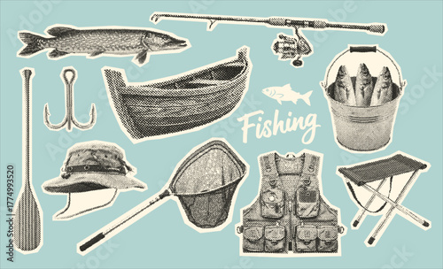 fishing elements collection in vintage halftone style, boat, fish, fishing rod, net, bucket