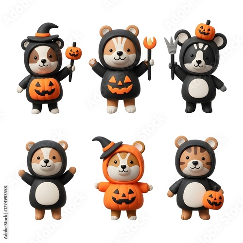Set of cute cartoon bear characters wearing various Halloween costumes and holding pumpkins isolated on white background.