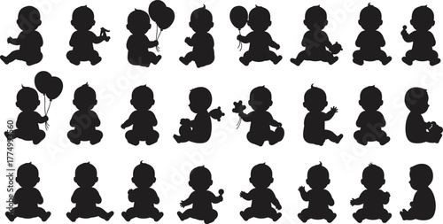 Baby silhouettes collection, infants sitting with teddy bear and balloons, childhood activity poses, toddler vector set, parenting design, family lifestyle, childcare illustration icons
