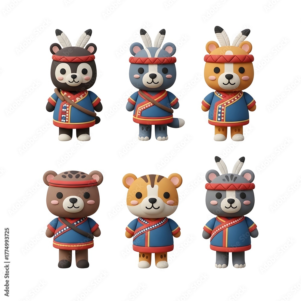 Obraz premium Six adorable cartoon animal characters, each dressed in Native American-inspired outfits, standing.