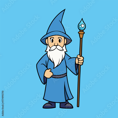 A wise old cartoon wizard casting colorful  with a long white beard and pointed hat stands with outstretched arms, holding a staff silhouettes.