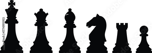 Chess pieces silhouettes collection, king, queen, bishop, knight, rook, pawn, strategy game icons, board game vector set, competition design illustration