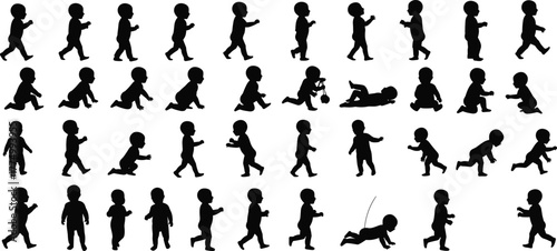 Child development silhouette vector illustration, crawling, sitting, standing, walking, 
