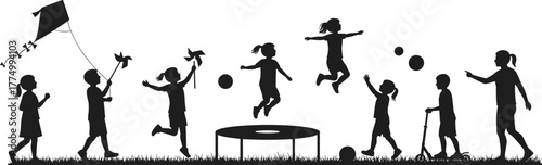 Children silhouettes outdoor activities, kids flying kite, playing with pinwheel, trampoline jumping, ball games, scooter fun, childhood recreation vector set, lifestyle illustration design