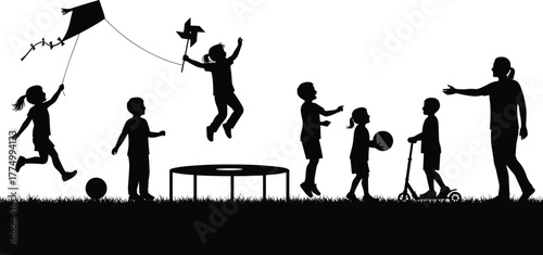 Children silhouettes outdoor activities, kids flying kite, trampoline jumping, scooter riding, ball games, pinwheel play, adult interaction, family recreation vector set, lifestyle design illustration