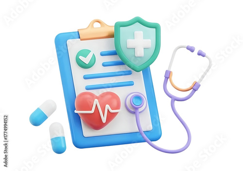 Stethoscope healthcare checkmark on isolated background. Clipboard paper health checkup heartbeat medical doctor concept. diagnosis protection insurance report information service. 3d rendering 