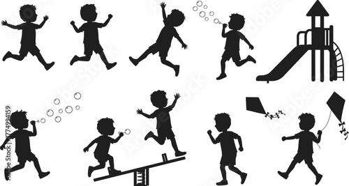 Children silhouettes playing outdoors, kids running, blowing bubbles, flying kites, playground vector set, childhood activity illustration, family lifestyle, recreation design, clipart collection