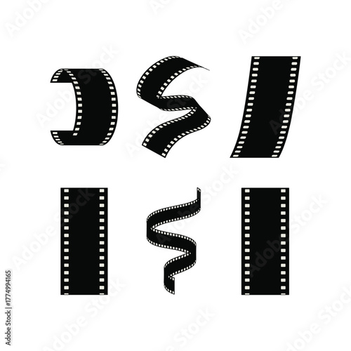 Six black film strips with white perforations in various curved and straight shapes against a white background