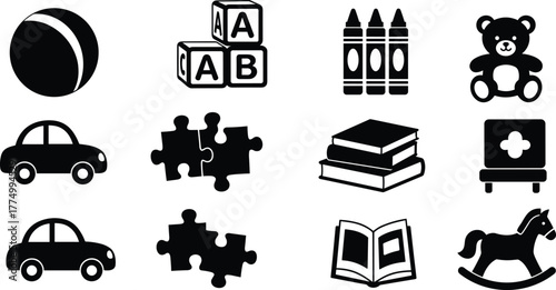 Children toys and learning icons, ball, alphabet blocks, crayons, teddy bear, cars, puzzle pieces, books, rocking horse, childhood education vector set
