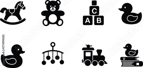 Children toys vector silhouettes, rocking horse, teddy bear, alphabet blocks, rubber duck, baby mobile, toy train, educational icons, childhood objects illustration