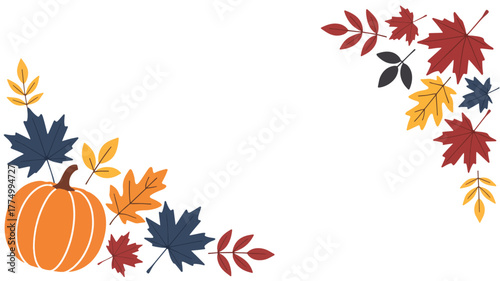 Autumn pumpkin and colorful falling leaves