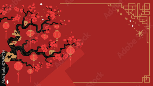 Red chinese new year background with plum blossom and lantern