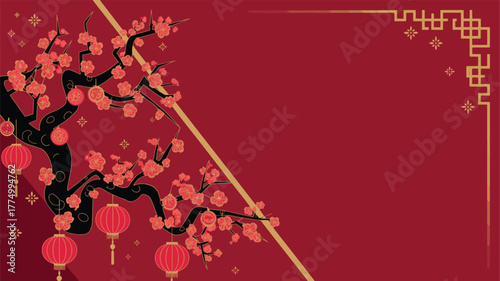 Red chinese new year background with plum blossom and lanterns