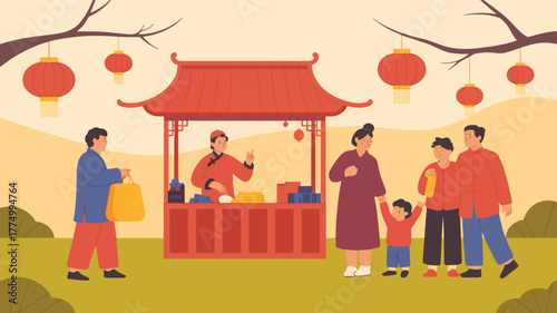 Family enjoys shopping at a traditional chinese market stall during festival