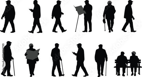 Elderly people silhouettes, senior citizens walking, reading, sitting, using cane, mobile phone, newspaper, daily activities, retirement lifestyle, aging population, healthcare, vector illustration