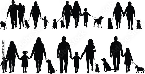 Family silhouettes with children and dogs, parents holding hands, walking together, lifestyle vector set, parenting illustration, companionship, childcare, pet friendly design