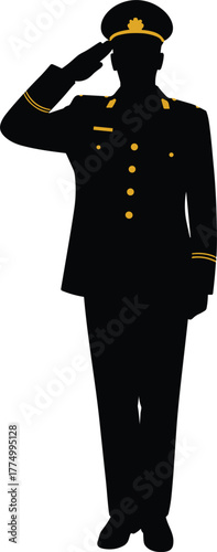 Military officer silhouette, formal uniform salute, soldier respect gesture, armed forces discipline, vector illustration, black and white design, ceremonial honor, patriotic service symbol