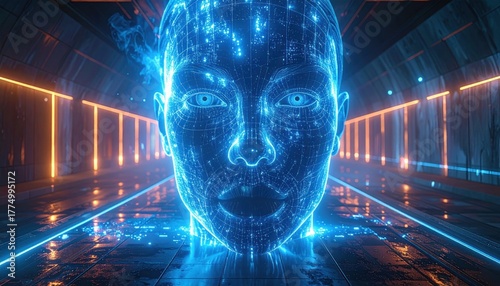 Futuristic human face constructed from digital elements in a tunnel background