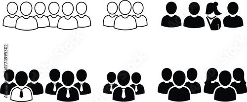 People group icons collection, business team silhouettes, family figures, male and female diversity, professional teamwork vector set, community design, social relationship illustration